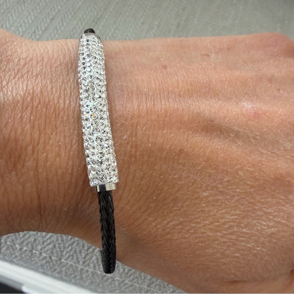 QVC Crystal Pavé Tube Bracelet on Black Braided Cord with the Magnetic Clip NWT